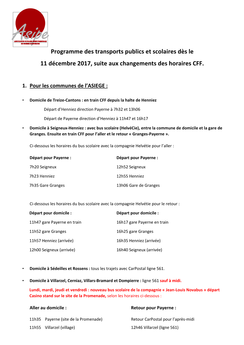 Transports Pour ASIEGE Dès Le 11 Décembre 2017 Pour Asipe