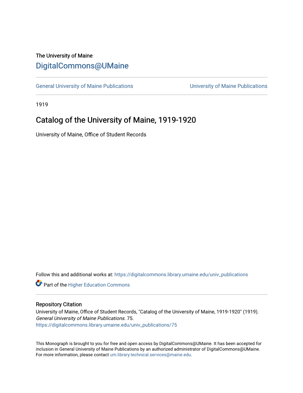 Catalog of the University of Maine, 1919-1920