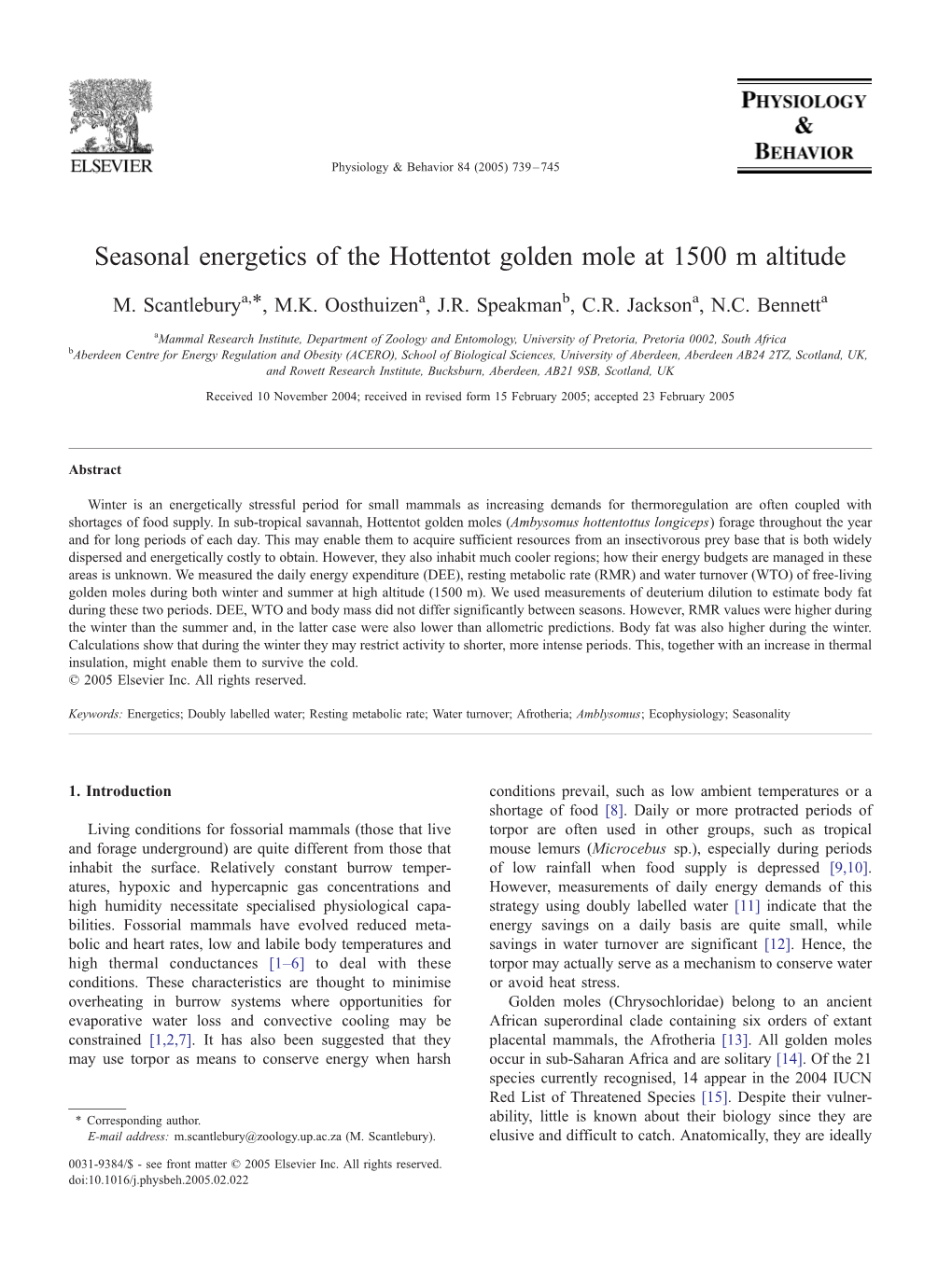 Seasonal Energetics of the Hottentot Golden Mole at 1500 M Altitude