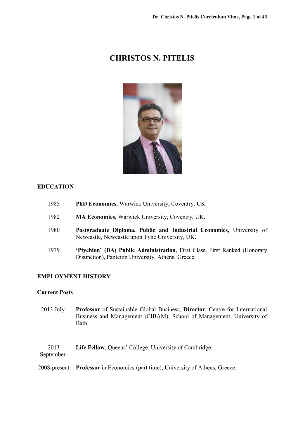 Christos N. Pitelis Curriculum Vitae, Page 1 of 43