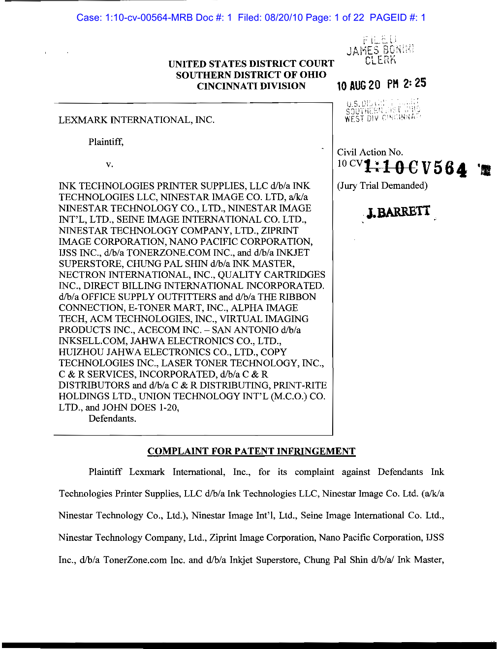 1:10-Cv-00564-MRB Doc #: 1 Filed: 08/20/10 Page: 1 of 22 PAGEID #: 1 Case: 1:10-Cv-00564-MRB Doc #: 1 Filed: 08/20/10 Page: 2 of 22 PAGEID #: 2