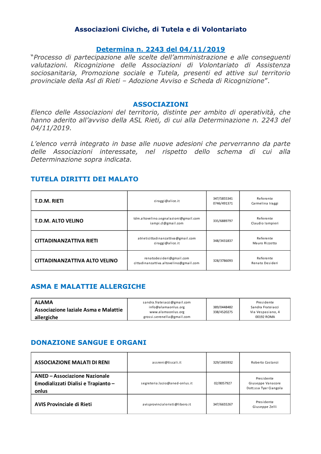 Associazioni Civiche, Di Tutela E Di Volontariato