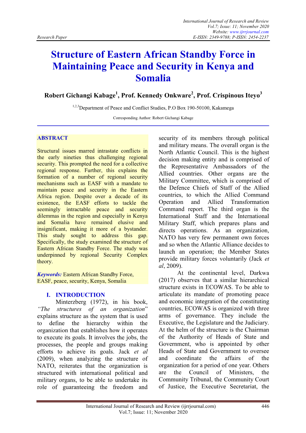 Structure of Eastern African Standby Force in Maintaining Peace and Security in Kenya and Somalia