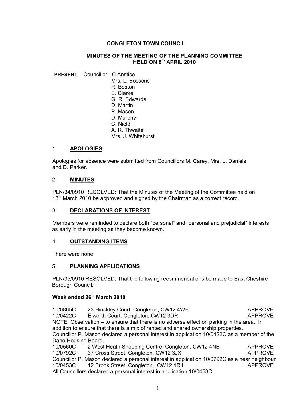 Congleton Town Council Minutes of the Meeting Of