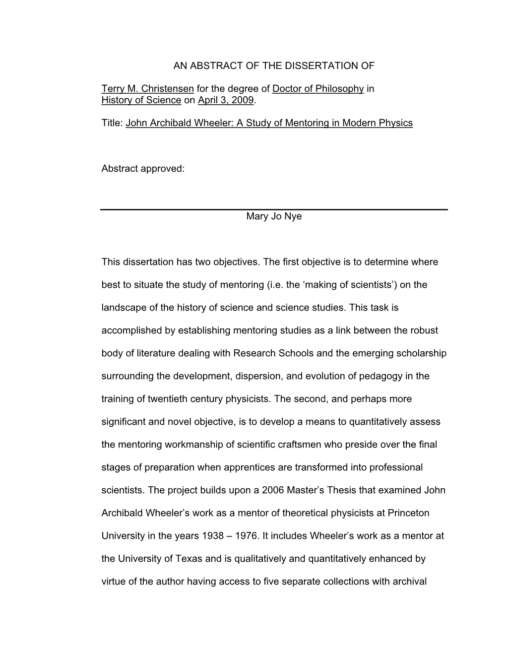 An Abstract of the Dissertation Of