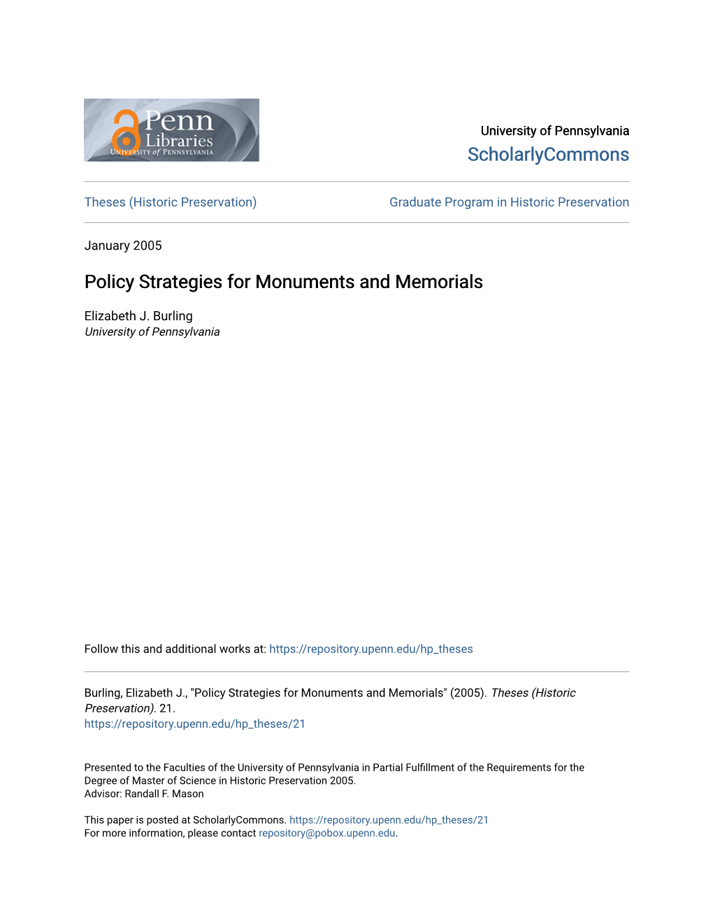 Policy Strategies for Monuments and Memorials