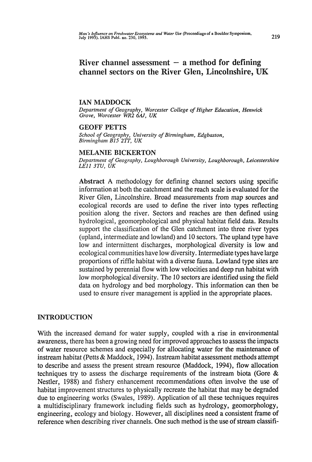 River Channel Assessment - a Method for Defining Channel Sectors on the River Glen, Lincolnshire, UK