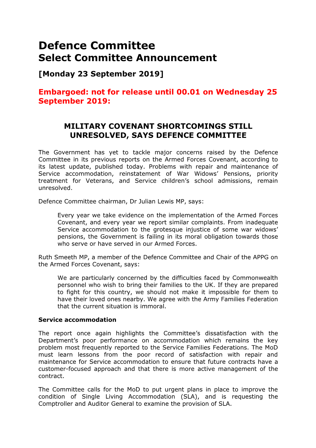 Defence Committee Select Committee Announcement