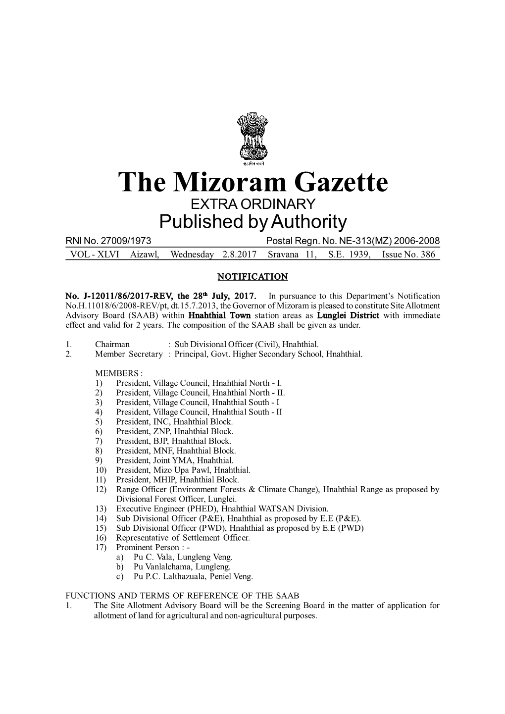 The Mizoram Gazette EXTRA ORDINARY Published by Authority RNI No