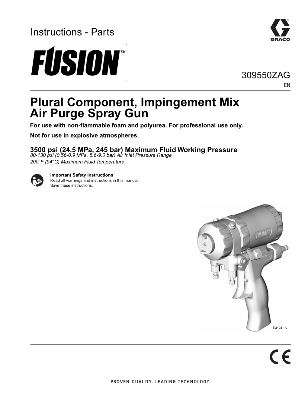 Fusion Plural Component, Impingement Mix, Air Purge Spray Gun, Instructions-Parts, English
