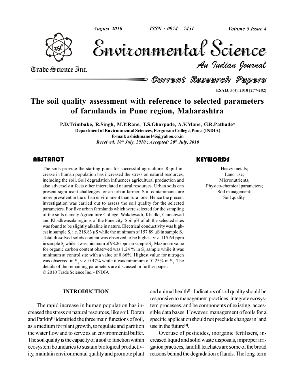 The Soil Quality Assessment with Reference to Selected Parameters of Farmlands in Pune Region, Maharashtra