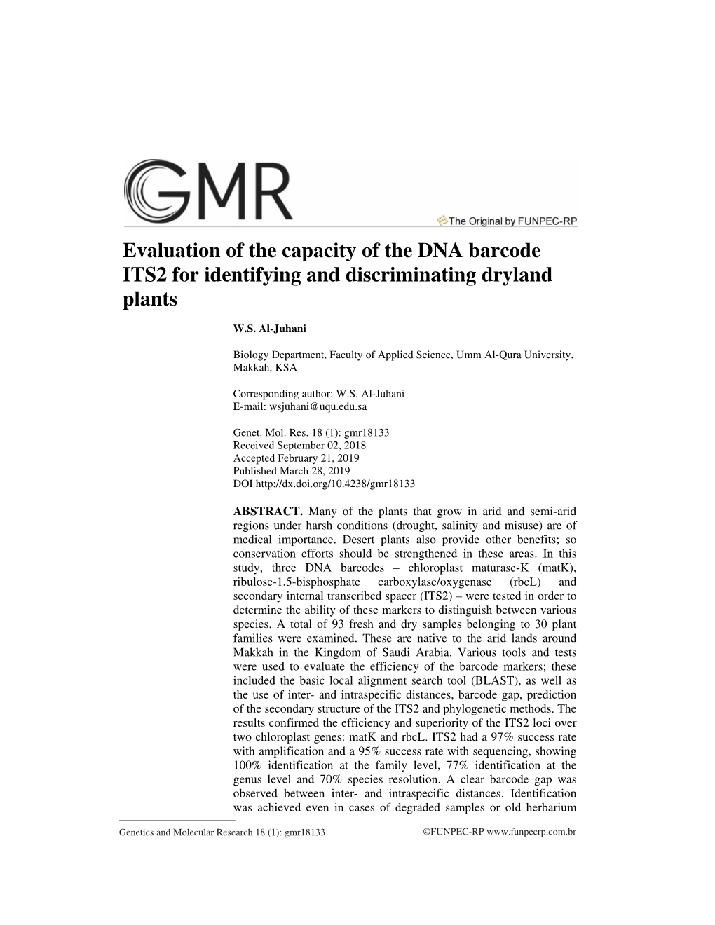 Gmr18133 Received September 02, 2018 Accepted February 21, 2019 Published March 28, 2019 DOI