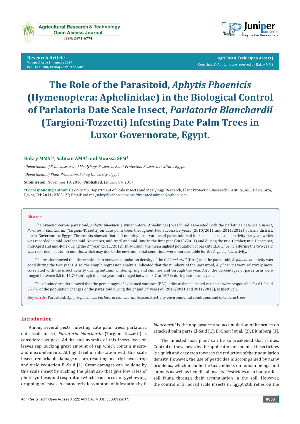 The Role of the Parasitoid, Aphytis Phoenicis