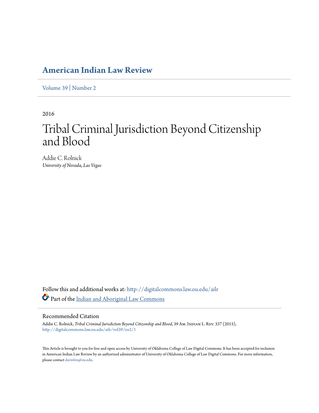Tribal Criminal Jurisdiction Beyond Citizenship and Blood Addie C