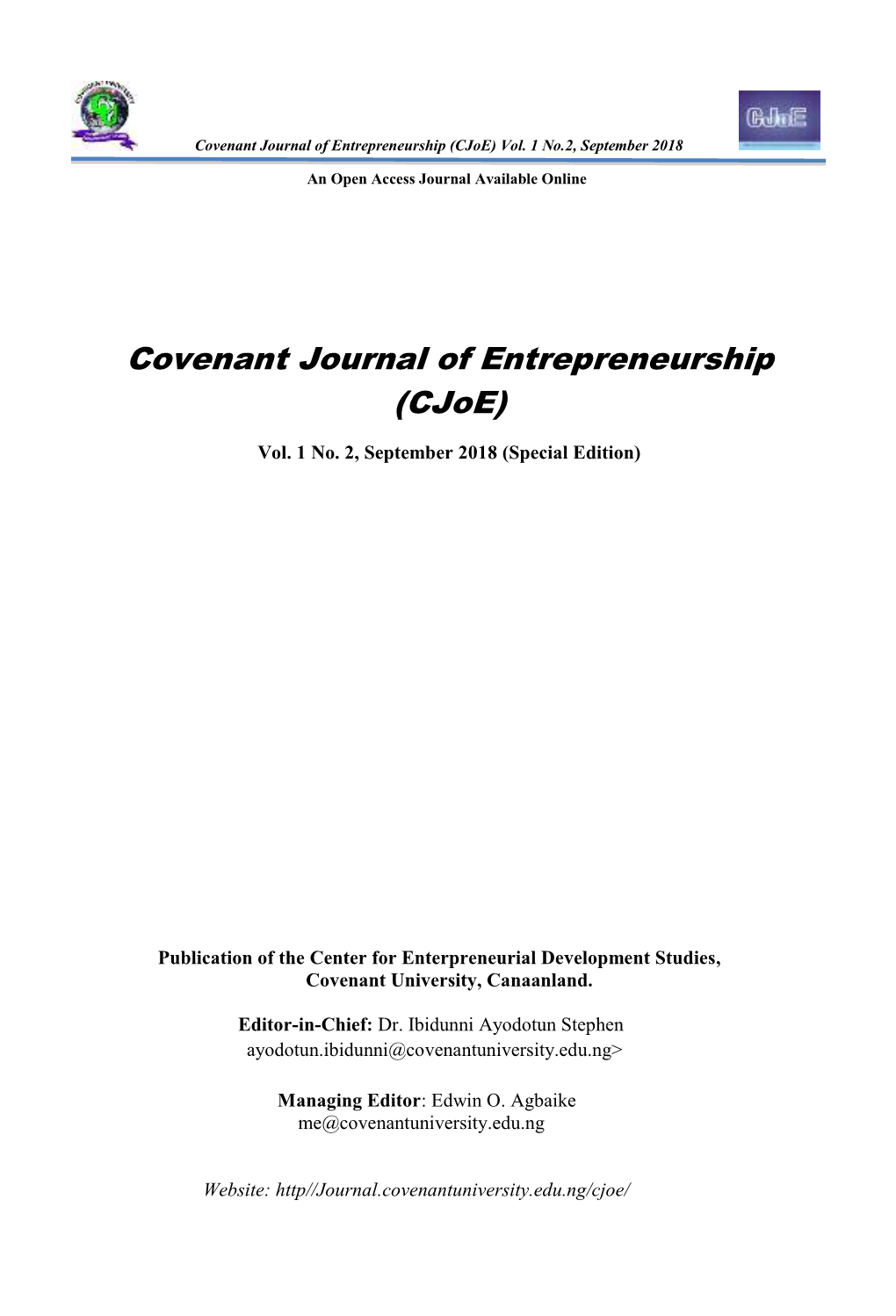 Covenant Journal of Entrepreneurship (Cjoe) Vol