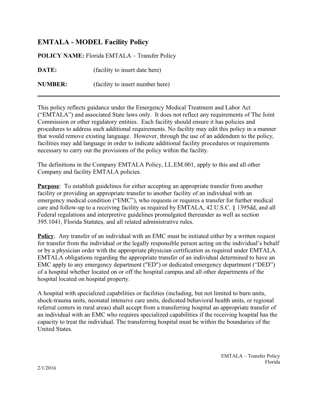 EMTALA - MODEL Facility Policy