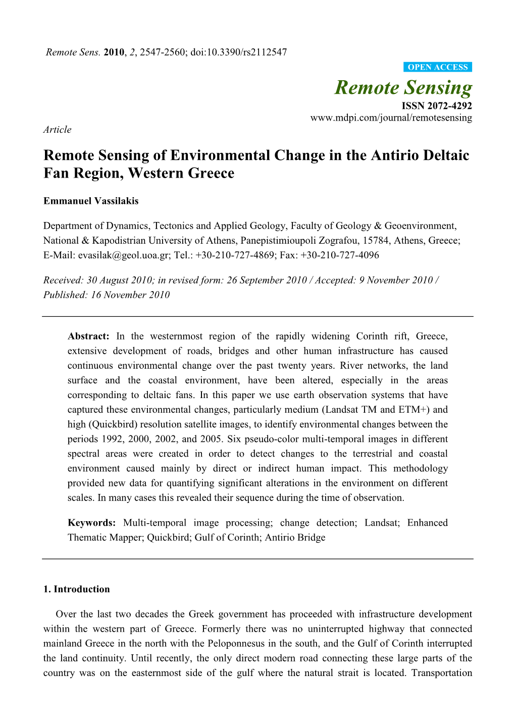 Remote Sensing of Environmental Change in the Antirio Deltaic Fan Region, Western Greece