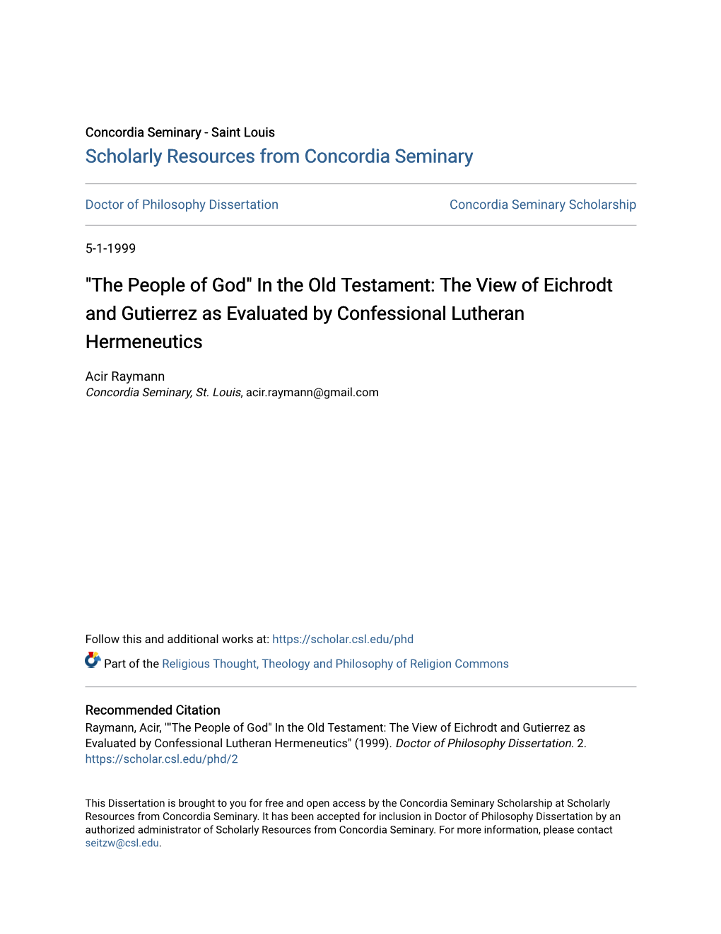 "The People of God" in the Old Testament: the View of Eichrodt and Gutierrez As Evaluated by Confessional Lutheran Hermeneutics