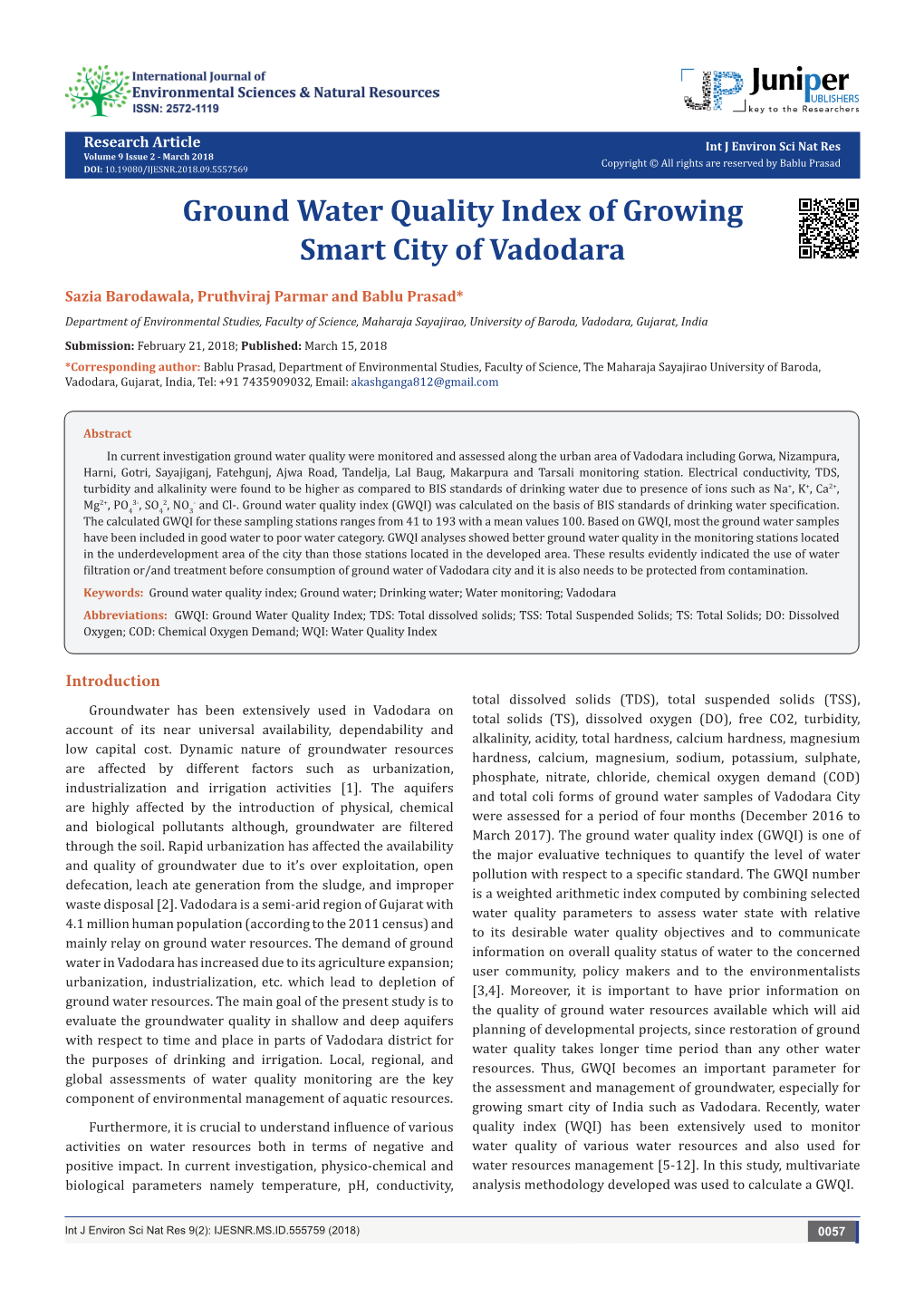 Ground Water Quality Index of Growing Smart City of Vadodara