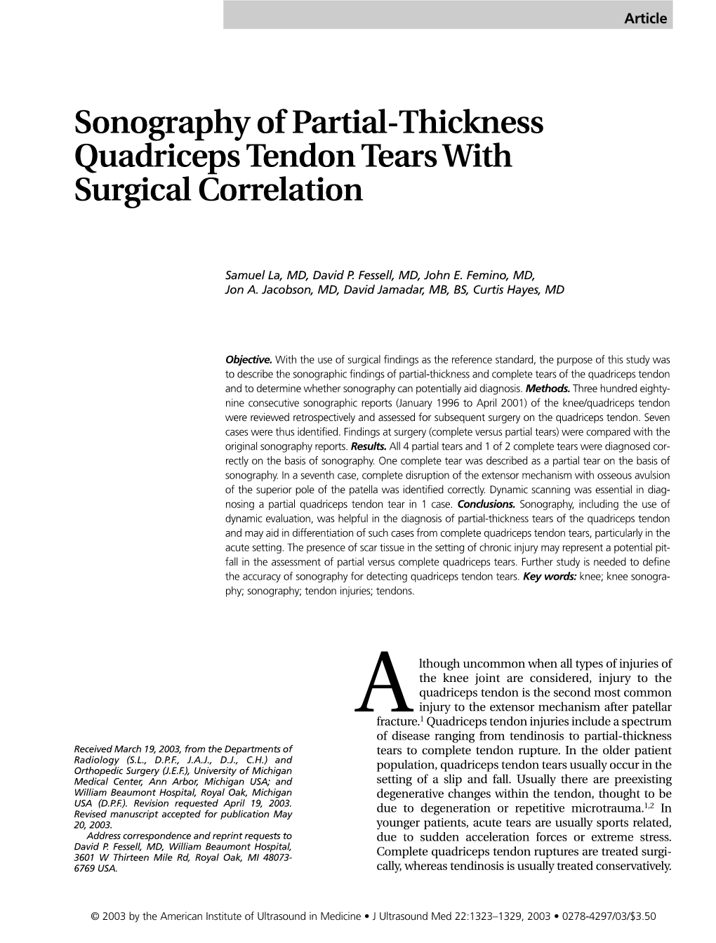 Sonography of Partial-Thickness Quadriceps Tendon Tears with Surgical Correlation