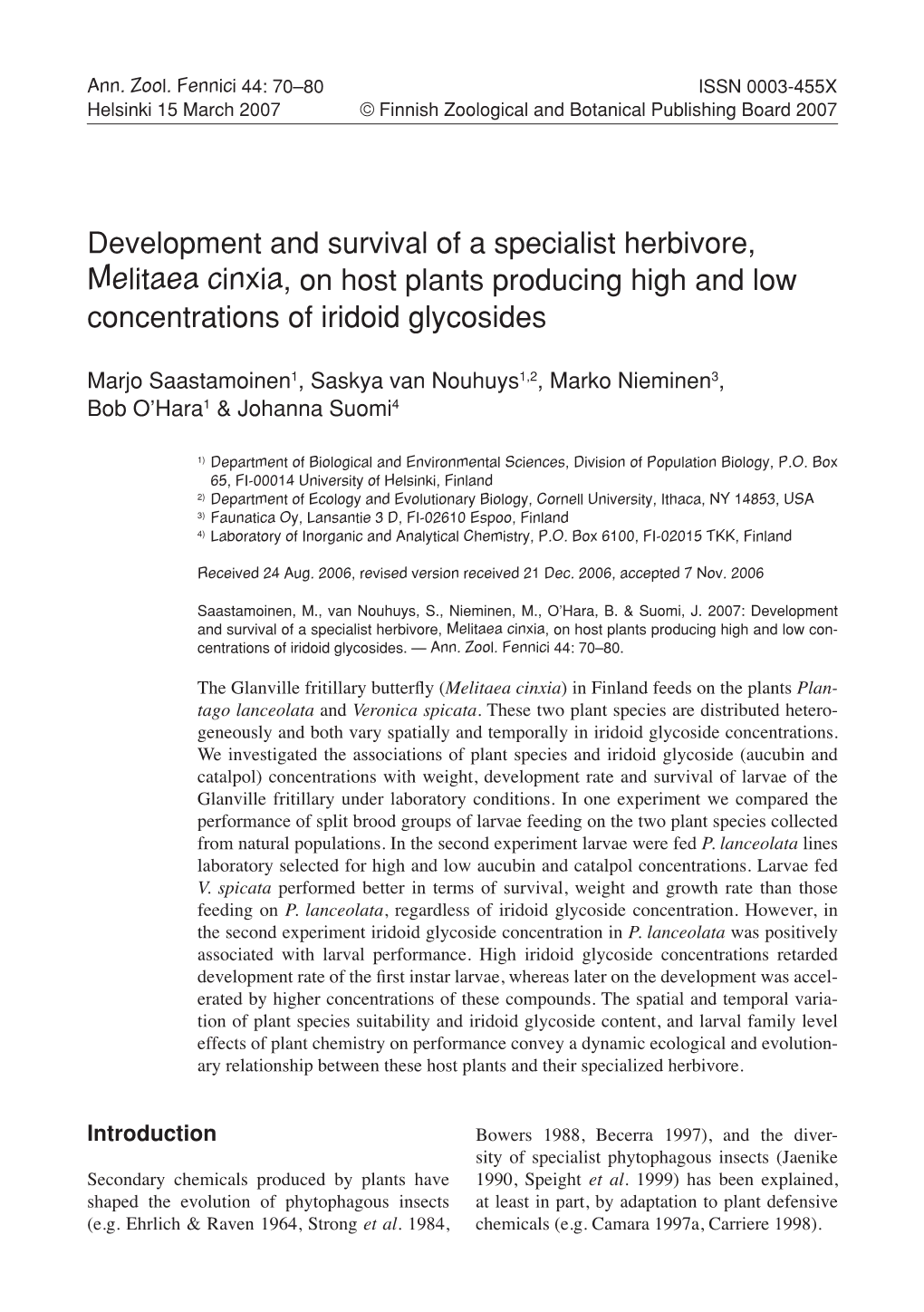 Development and Survival of a Specialist Herbivore, Melitaea Cinxia, on Host Plants Producing High and Low Concentrations of Iridoid Glycosides