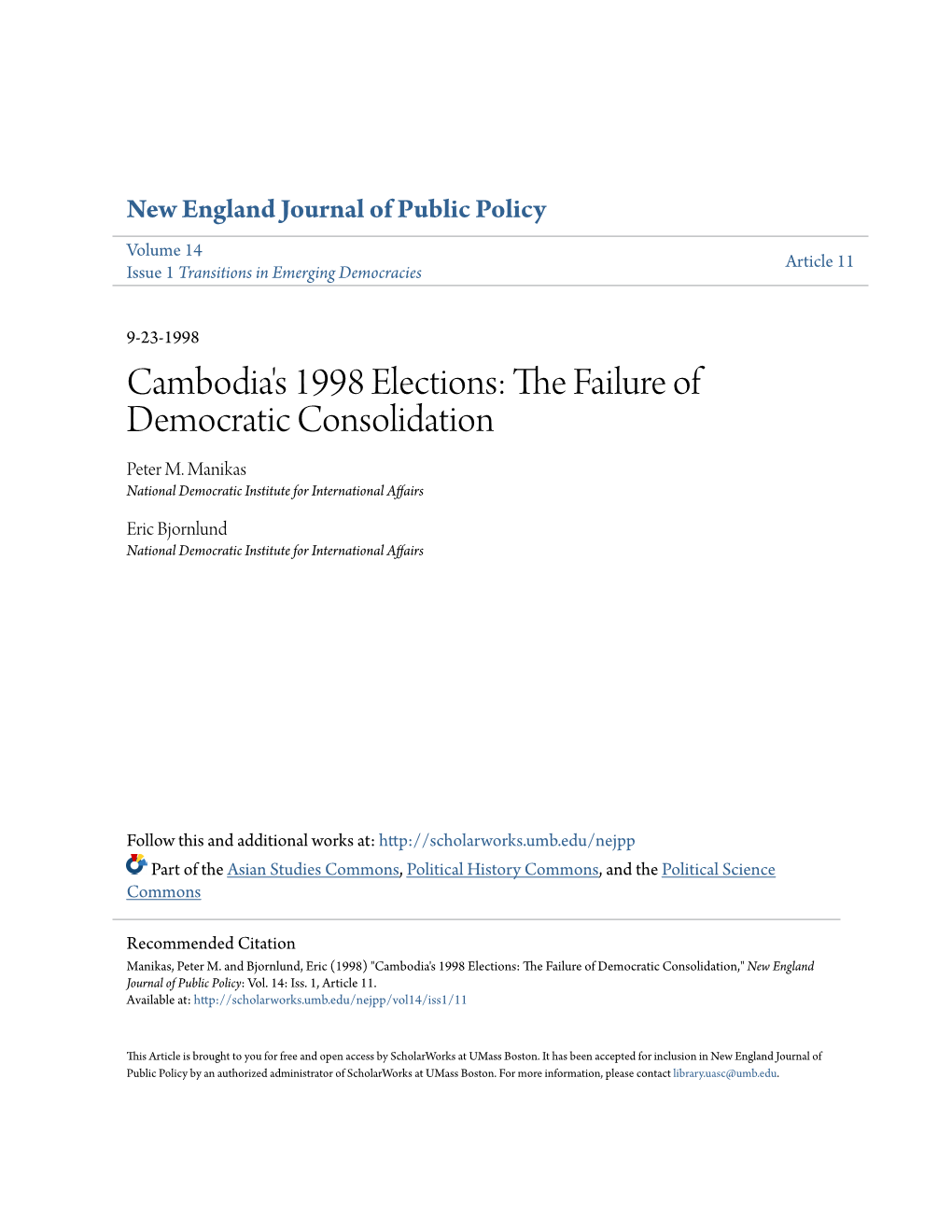 Cambodia's 1998 Elections: the Failure of Democratic Consolidation
