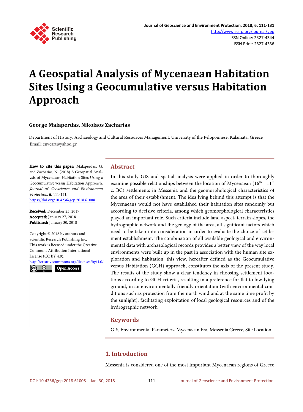 A Geospatial Analysis of Mycenaean Habitation Sites Using a Geocumulative Versus Habitation Approach