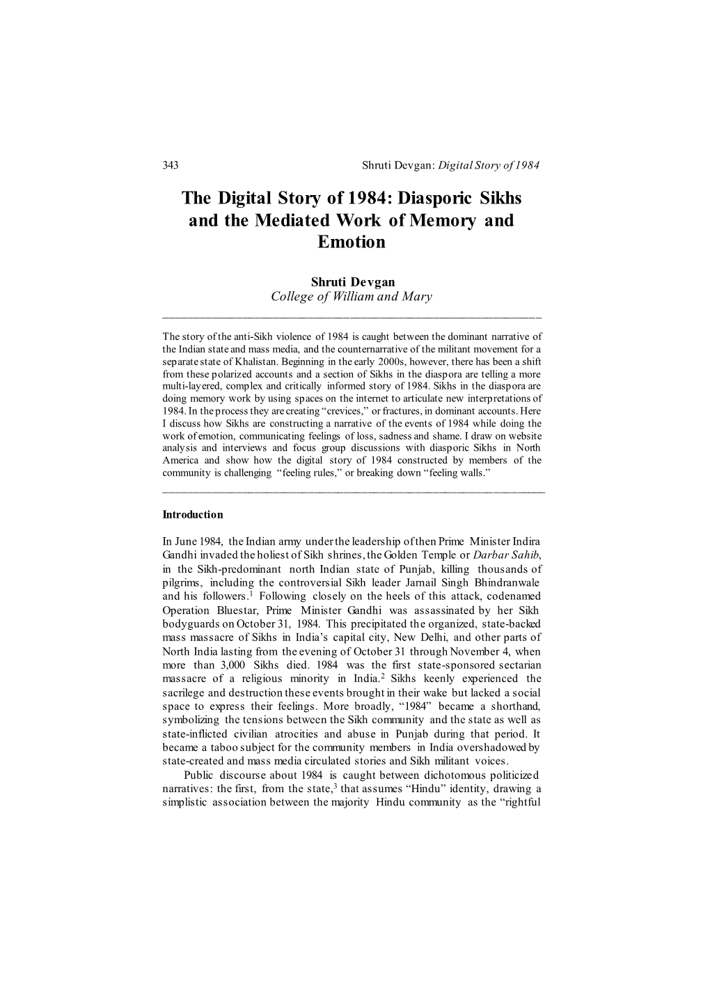 The Digital Story of 1984: Diasporic Sikhs and the Mediated Work of Memory and Emotion