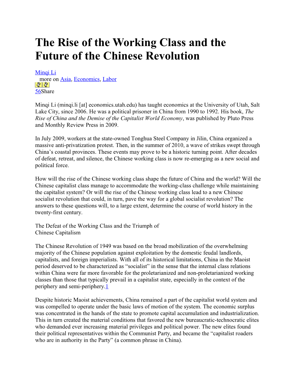 The Rise of the Working Class and the Future of the Chinese Revolution