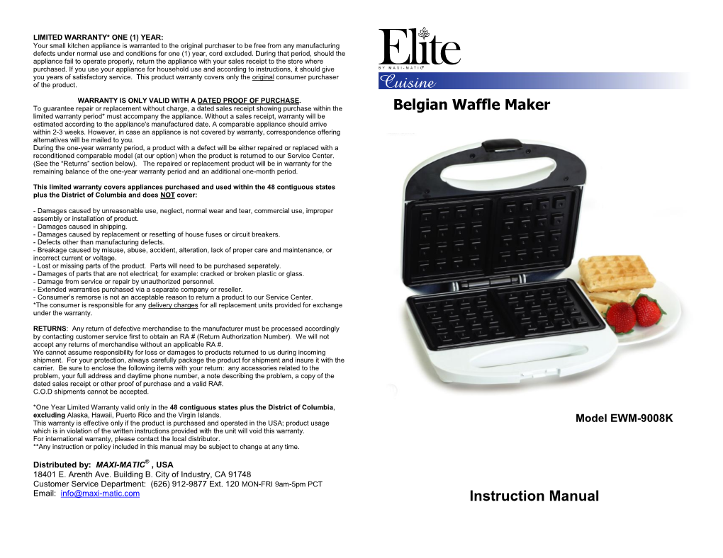 Instruction Manual Belgian Waffle Maker