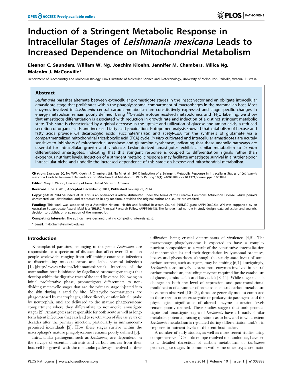 Induction of a Stringent Metabolic Response in Intracellular Stages of Leishmania Mexicana Leads to Increased Dependence on Mitochondrial Metabolism