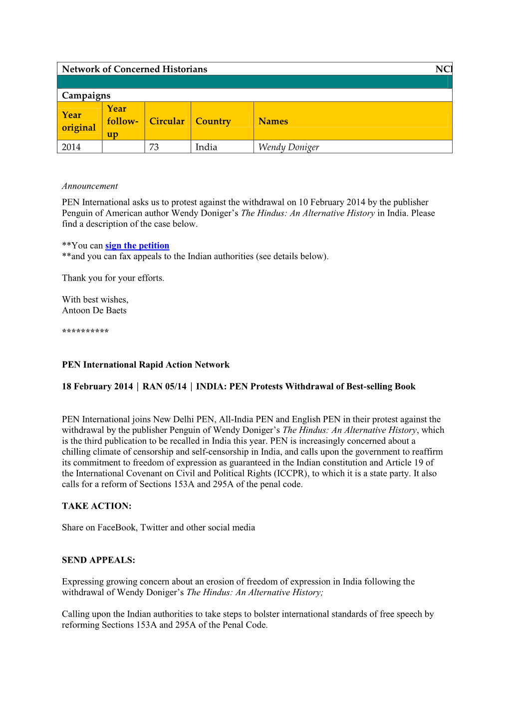 Network of Concerned Historians NCH Campaigns Year Original Year Follow- up Circular Country Names 2014 73 India Wendy Doniger A