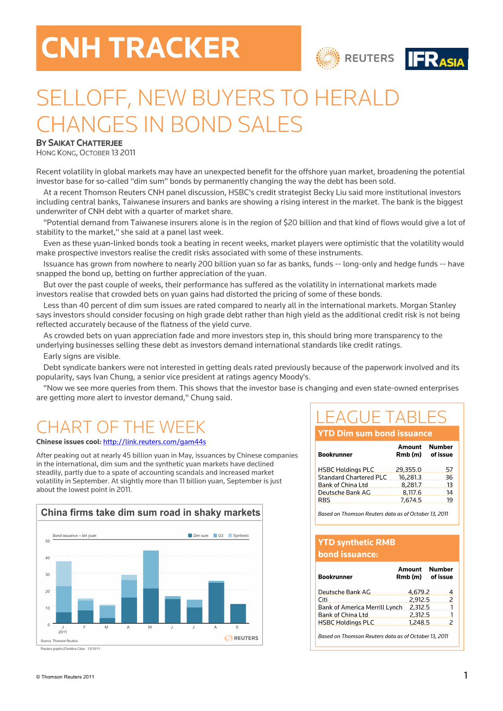 Cnh Tracker Selloff, New Buyers to Herald Changes in Bond Sales by Saikat Chatterjee Hong Kong, October 13 2011