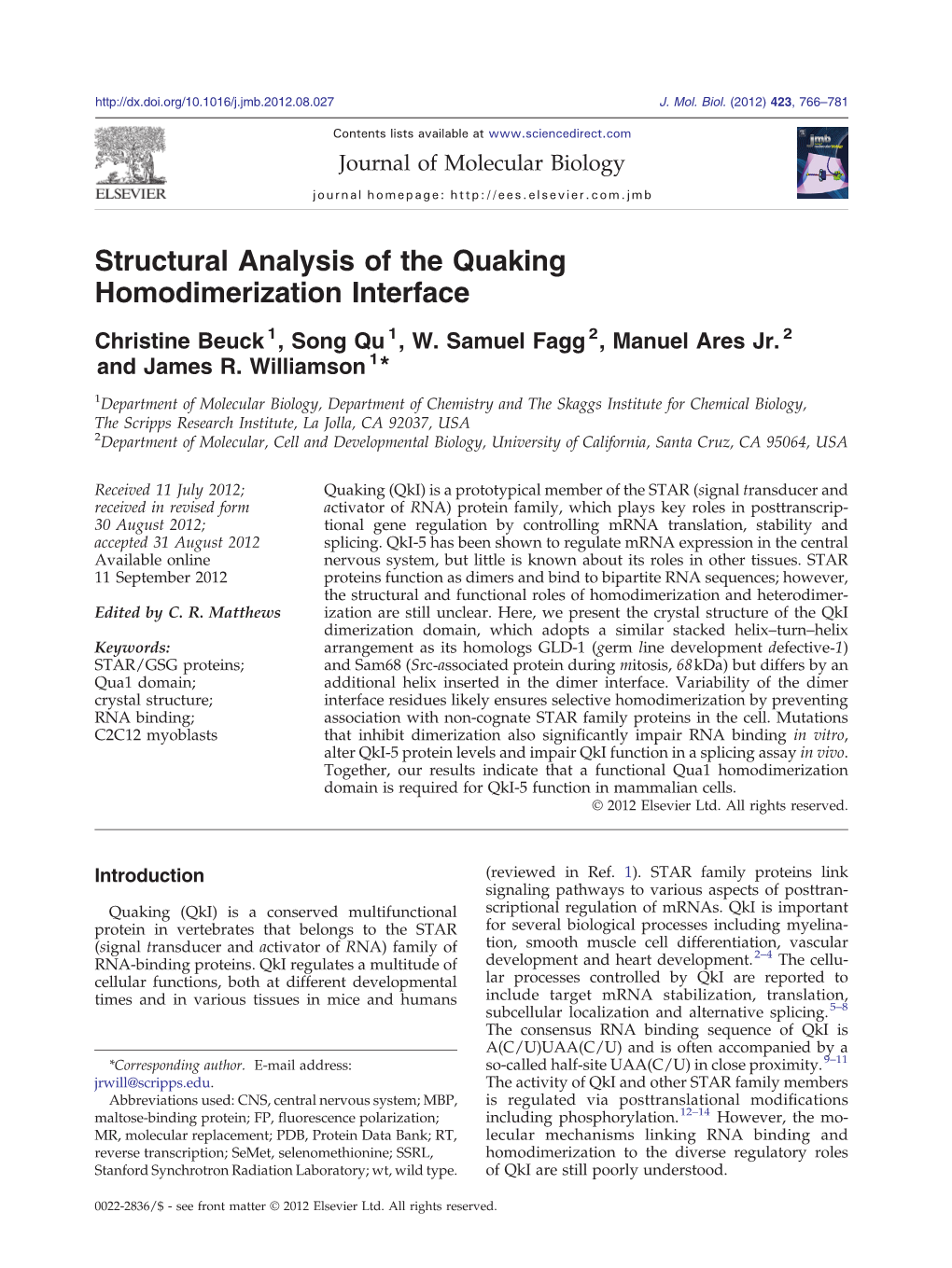 Structural Analysis of the Quaking Homodimerization Interface
