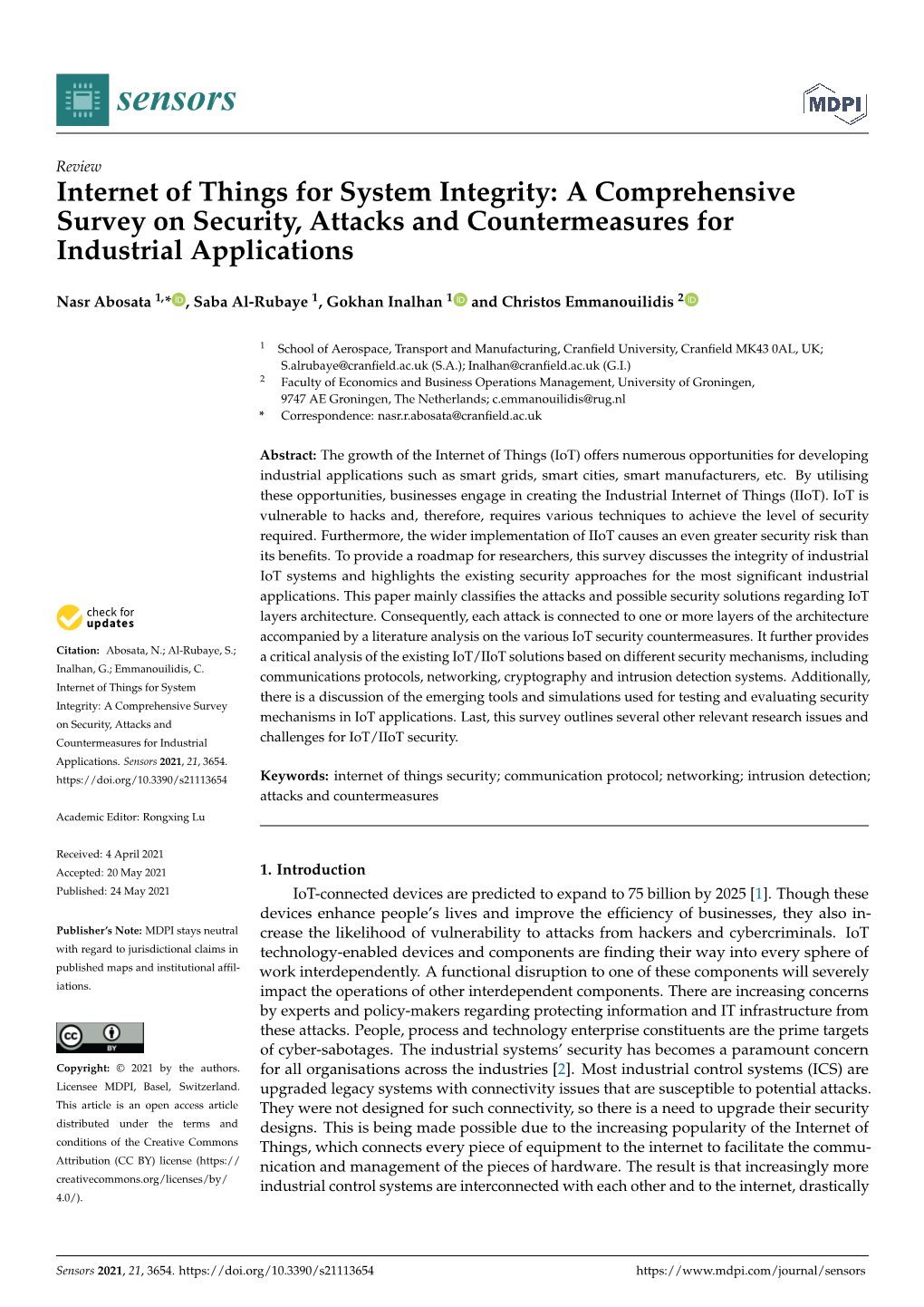 Internet of Things for System Integrity: a Comprehensive Survey on Security, Attacks and Countermeasures for Industrial Applications