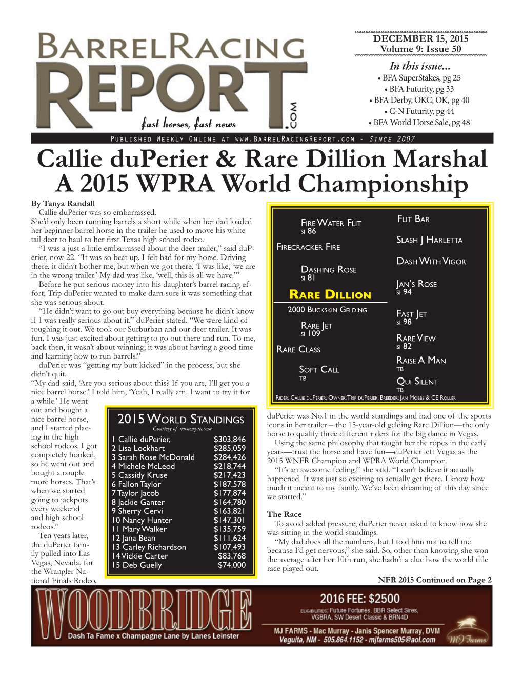 Callie Duperier & Rare Dillion Marshal a 2015 Wpra World Championship