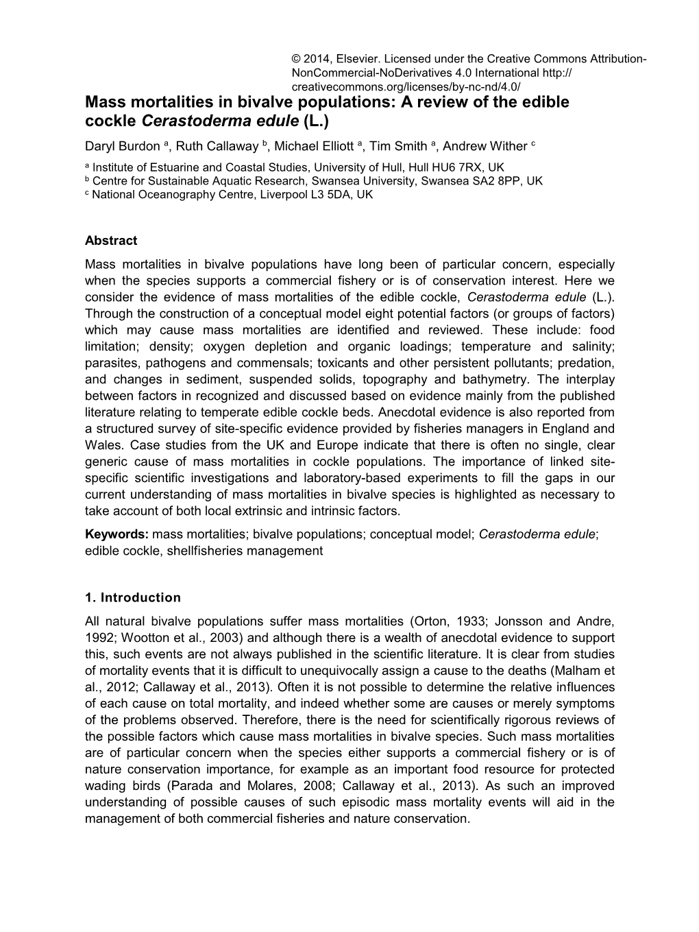 Mass Mortalities in Bivalve Populations