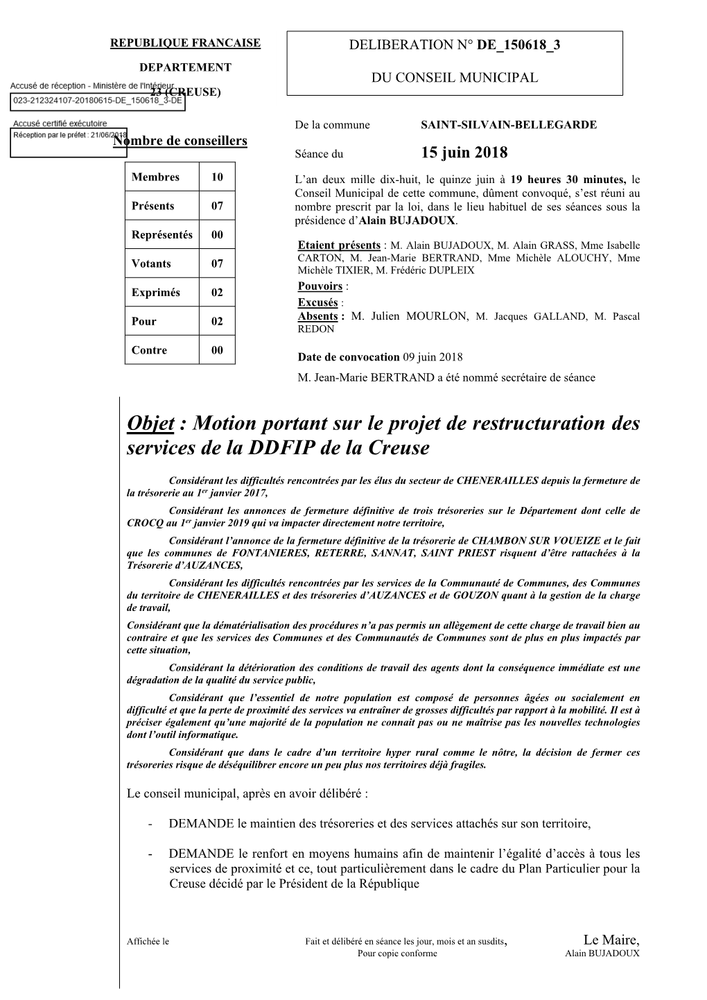 Objet : Motion Portant Sur Le Projet De Restructuration Des Services De La DDFIP De La Creuse