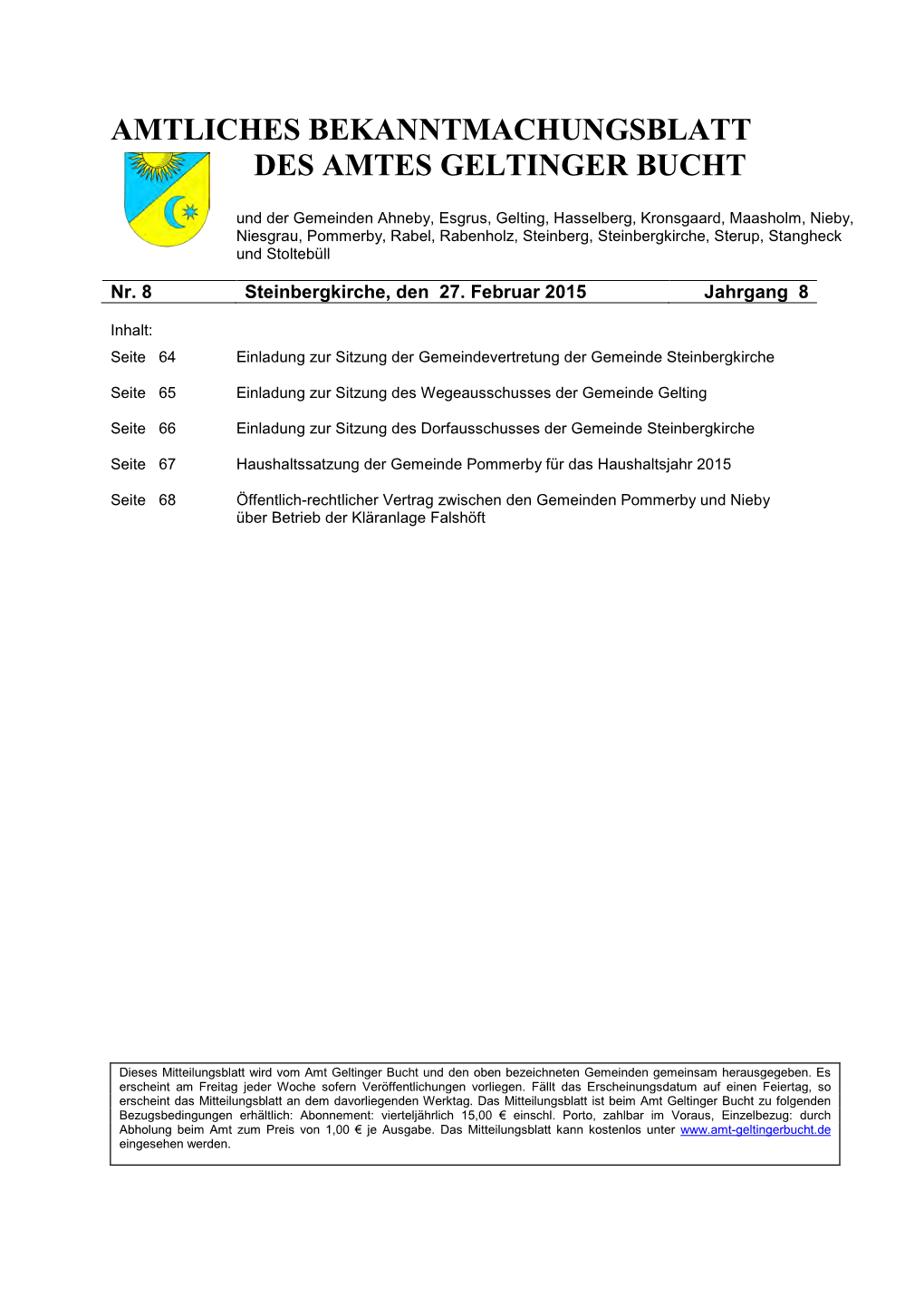 Amtliches Bekanntmachungsblatt Des Amtes Geltinger Bucht Nr. 08/2015 Vom 27.02.2015