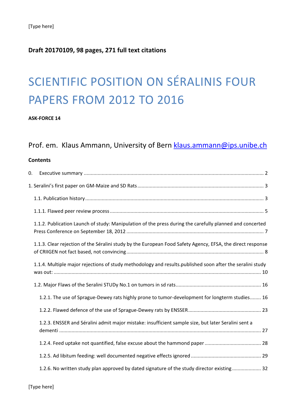 Scientific Position on Séralinis Four Papers from 2012 to 2016
