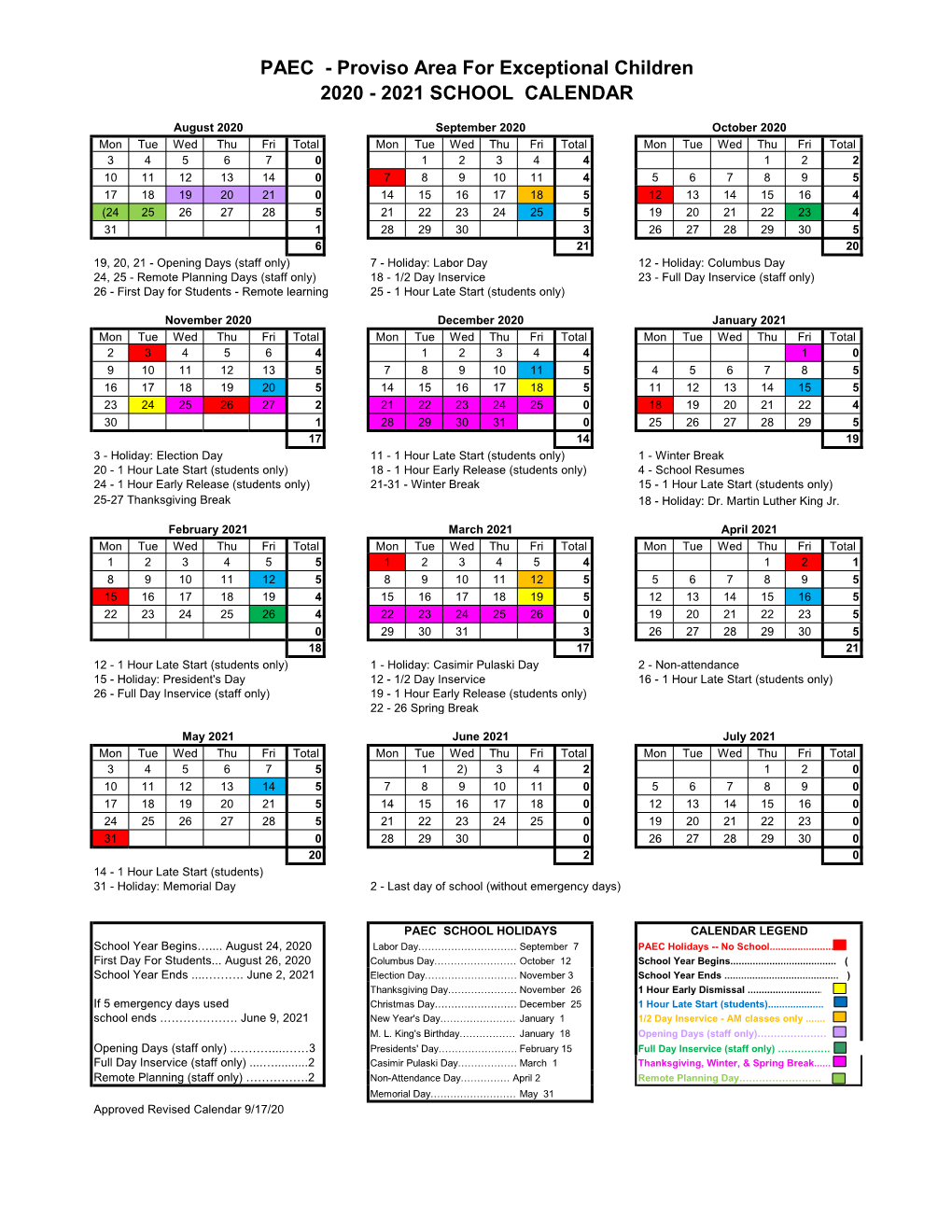 2021 School Calendar