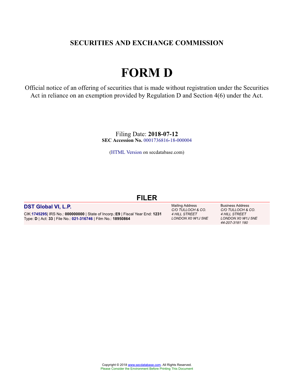 DST Global VI, L.P. Form D Filed 2018-07-12