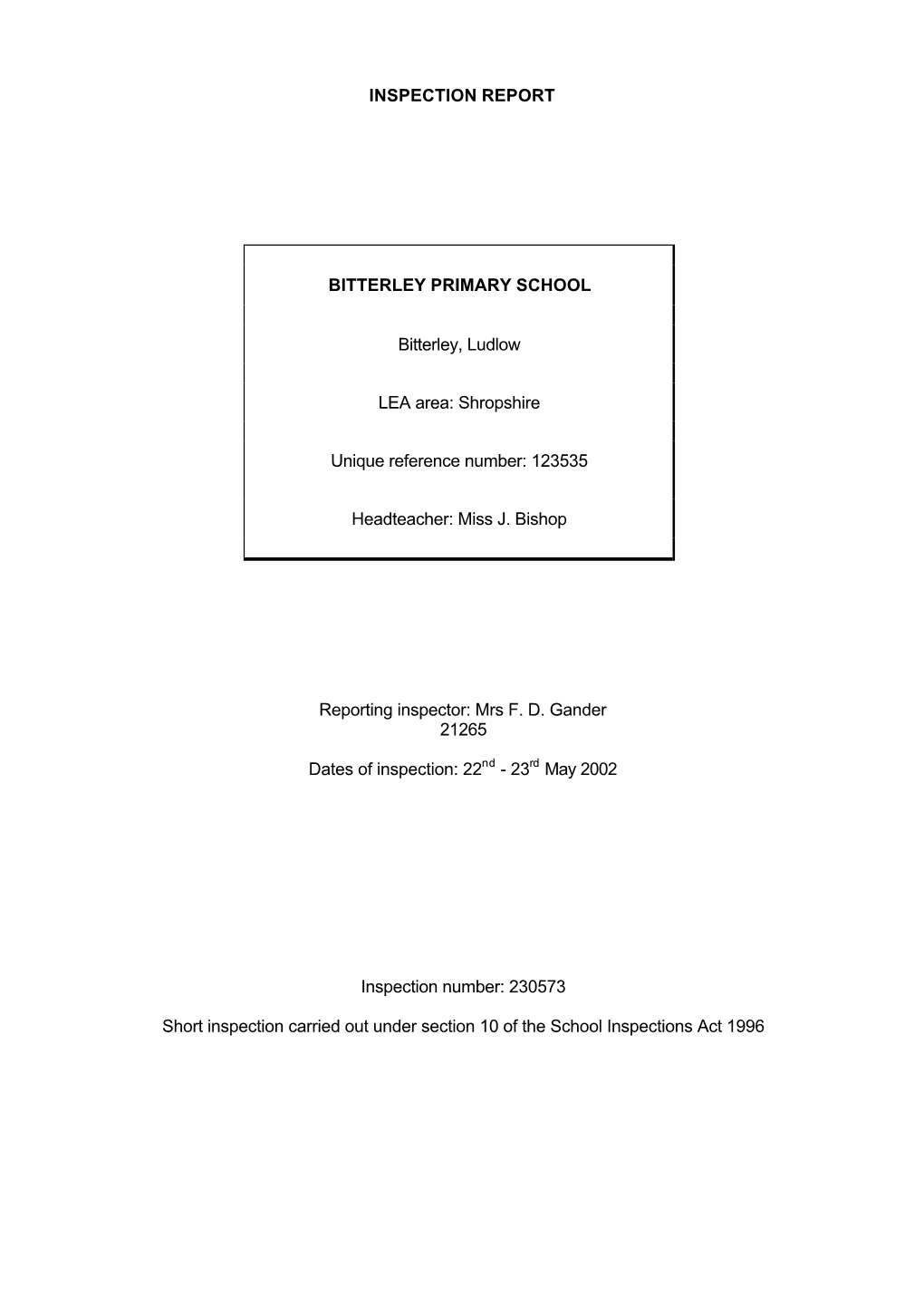 INSPECTION REPORT BITTERLEY PRIMARY SCHOOL Bitterley