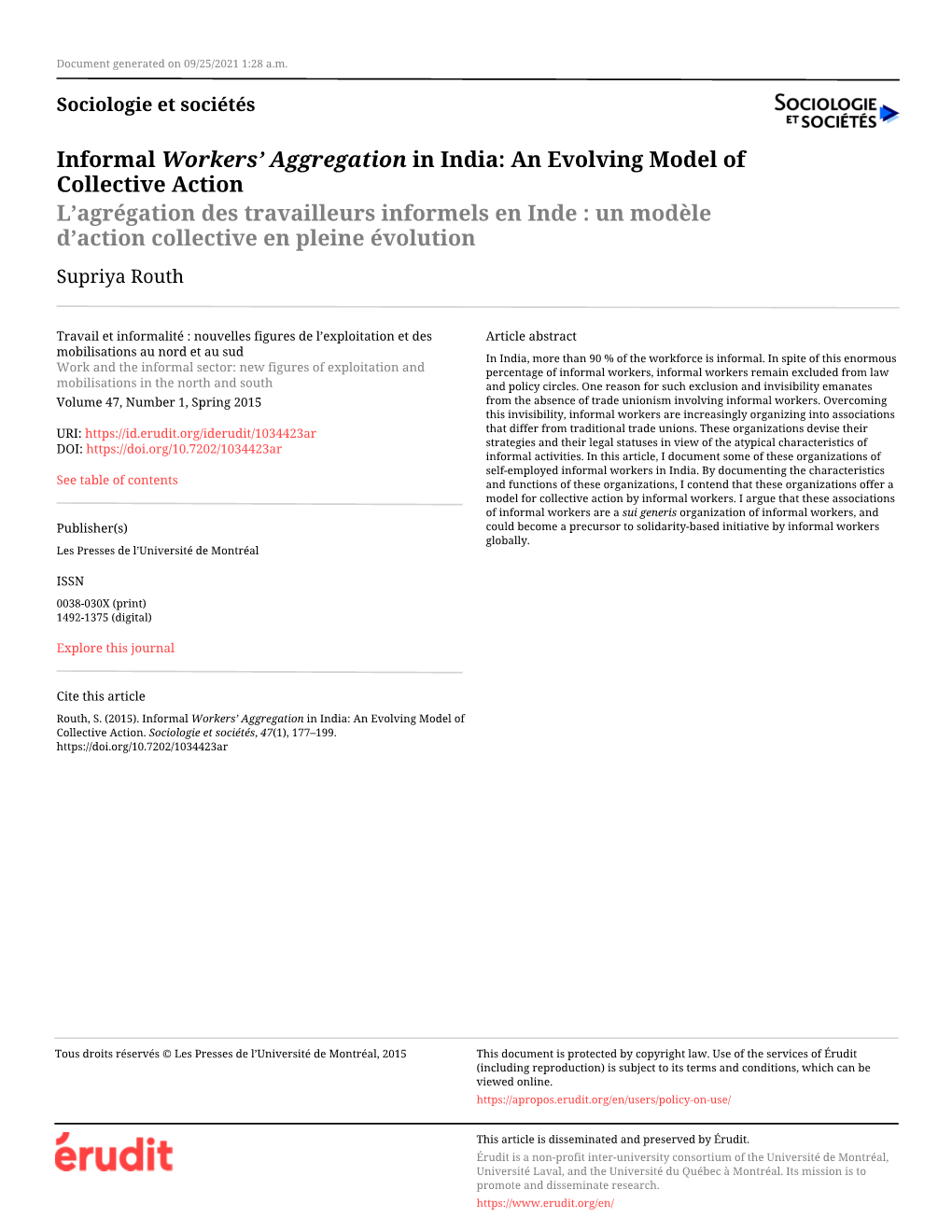 Informal Workers' Aggregation in India