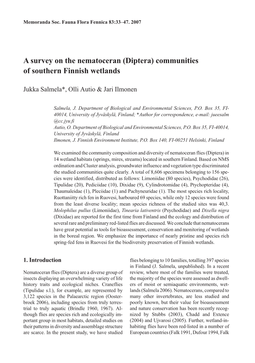 A Survey on the Nematoceran (Diptera) Communities of Southern Finnish Wetlands