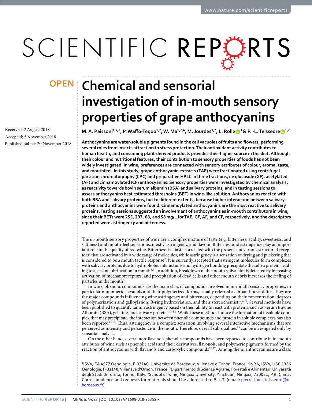 Chemical and Sensorial Investigation of In-Mouth Sensory Properties of Grape Anthocyanins Received: 2 August 2018 M