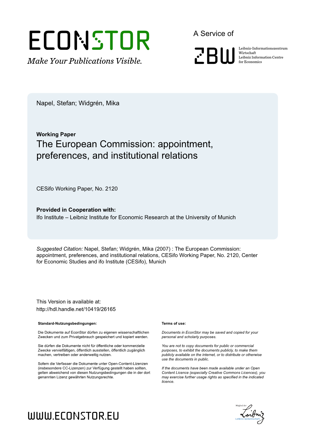 The European Commission: Appointment, Preferences, and Institutional Relations