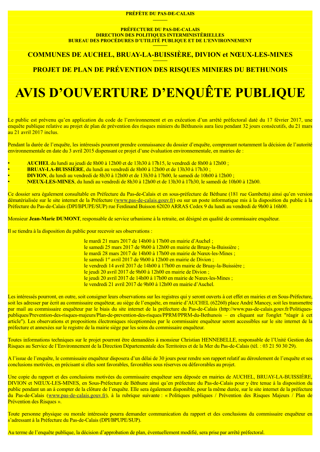 Avis D'ouverture D'enquête Publique