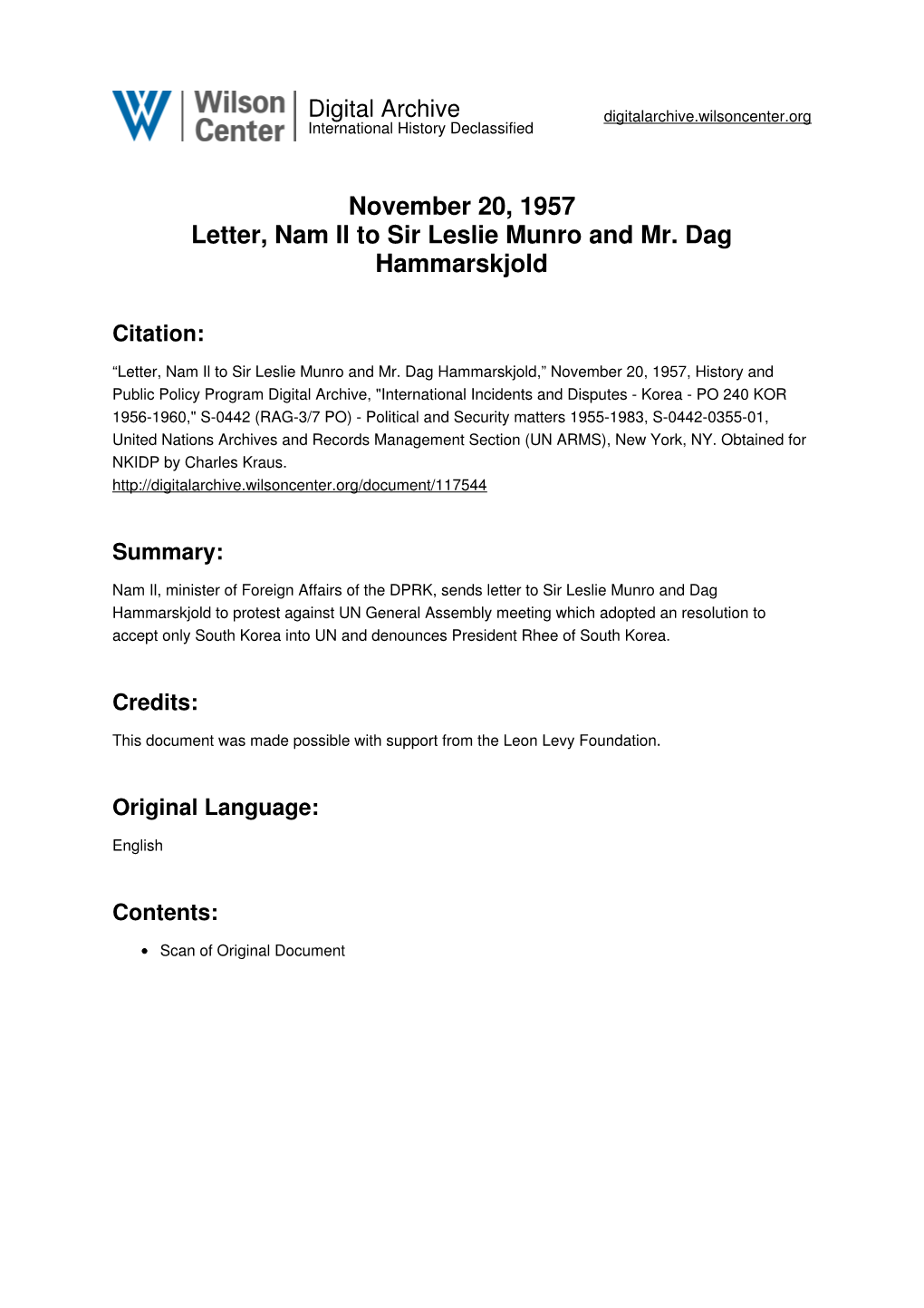 November 20, 1957 Letter, Nam Il to Sir Leslie Munro and Mr. Dag Hammarskjold