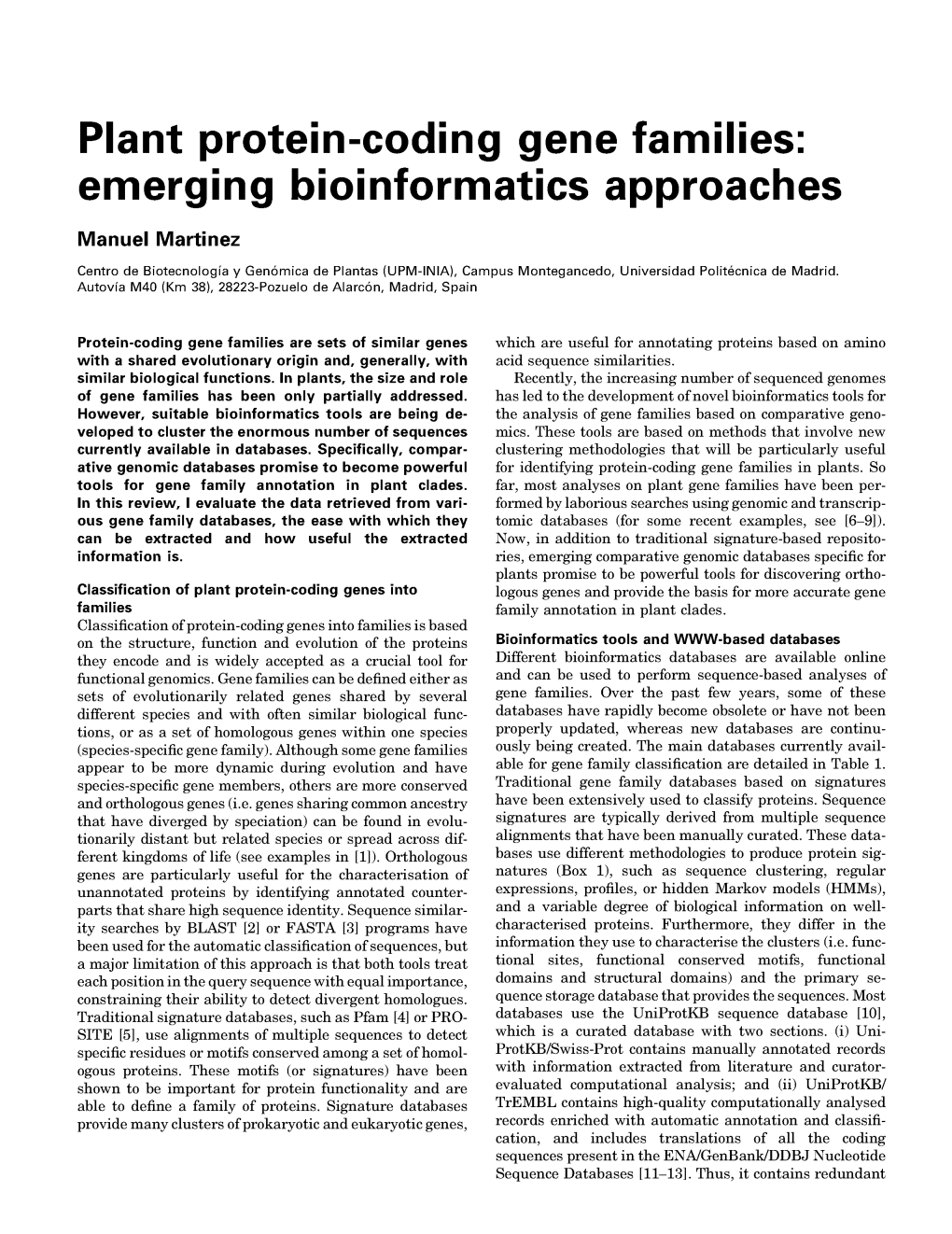 Plant Protein-Coding Gene Families: Emerging Bioinformatics Approaches Manuel Martinez